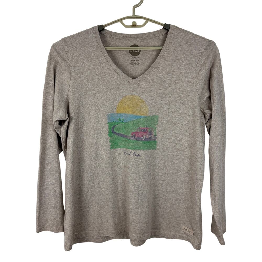 Life is Good Crusher Tee Tan Road Trip Graphic Classic Fit v-neck long sleeve XL
